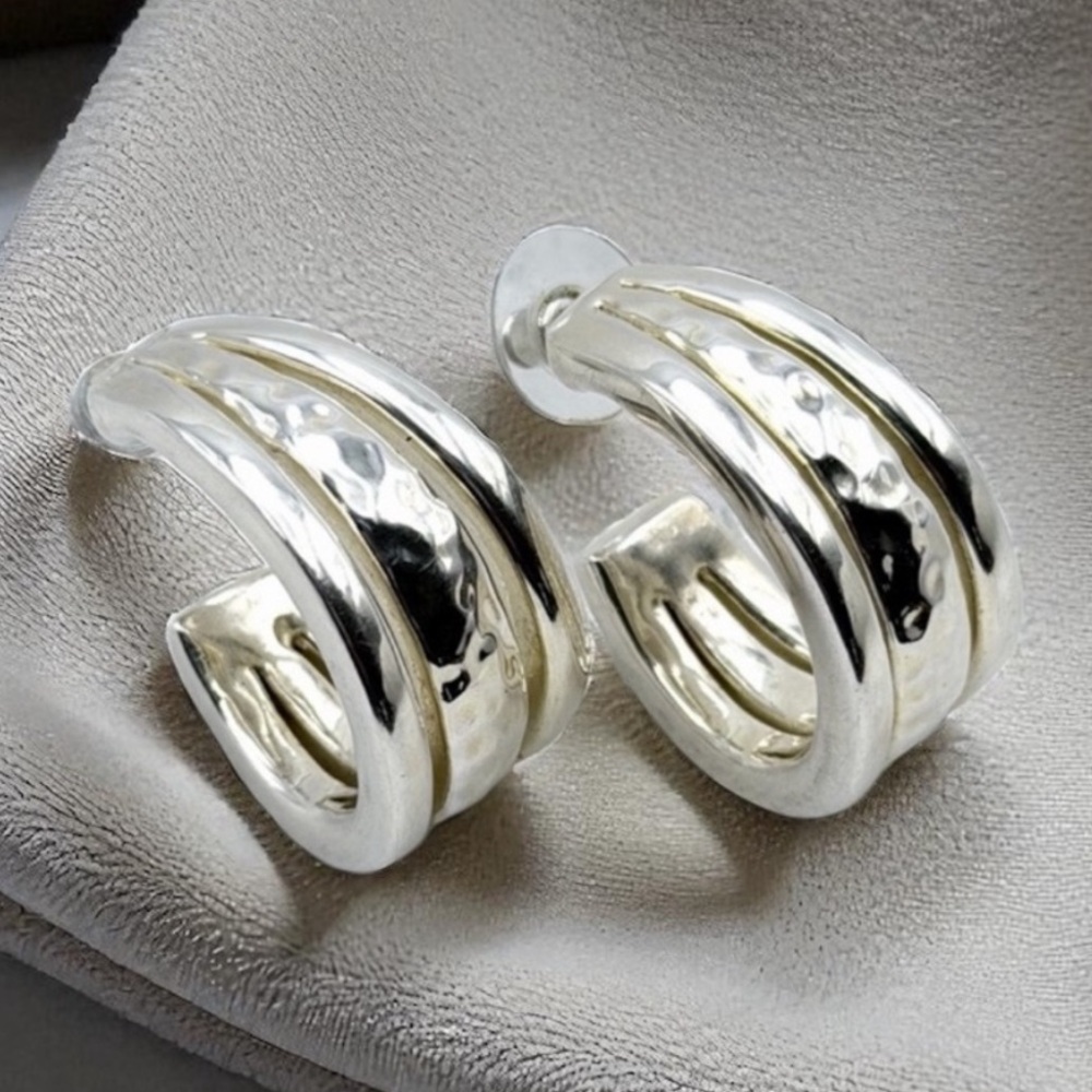 Simon Sebbag Large Hammered Sterling Silver Puffy Hoop Earrings Signed SSD 925